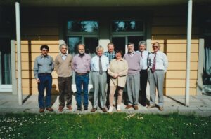 Image of ILAE Executive 1993-1997: left to right - Simon Shorvon (UK), Guliano Avanzini (Italy), Pete Engel (USA), EHR, Tim Pedley (USA), Hanneke de Boer (Netherlands, IBE President), Peter Wolf (Germany), Harry Meinardi (Netherlands), Michael Hills (New Zealand, IBE Secretary General)