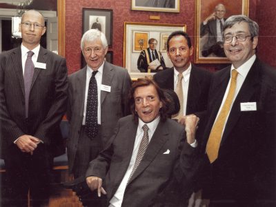 image of Inauguration of the Paul Getty III Chair of Epileptology, the Institute of Epileptology, King’s College: left to right – Professor Mark Richardson, EHR, Paul Getty III, Caesar Romero, Professor Rick Trainor (Principal, King’s College)