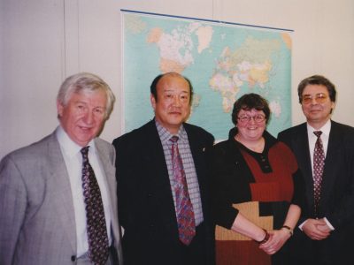 Image of Planning the Global Campaign, Geneva 1996: Left to right – EHR (ILAE), Shichuo Li (China, WHO), Hanneke de Boer (IBE), Leonid Prilipko (Russia, WHO)